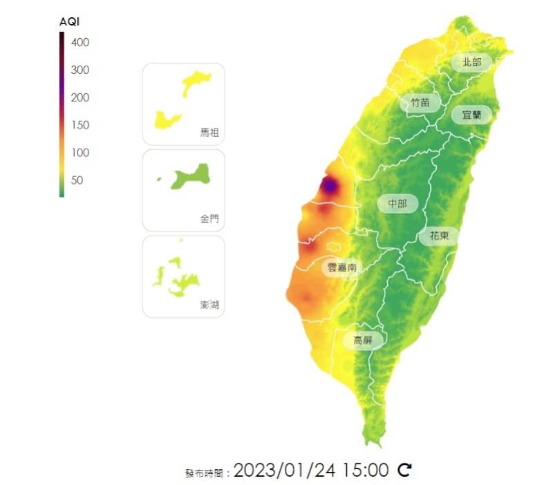 圖為24日下午3時全台全國空氣品質指標，中南部多呈現紅色警示或橘色提醒，彰化二林測站達到紫色警報。（圖取自環保署空氣品質監測網airtw.epa.gov.tw）