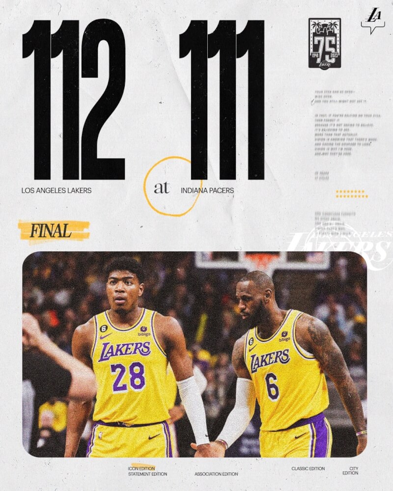 美國職籃NBA湖人隊2日以112比111險勝溜馬。（圖取自twitter.com/Lakers）
