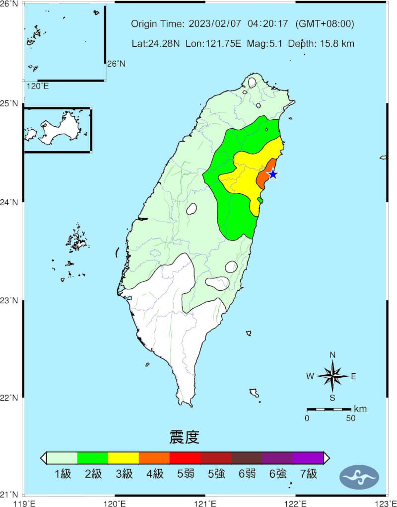 花蓮近海7日清晨發生芮氏規模5.1地震。（圖取自facebook.com/CWBSC.TW）
