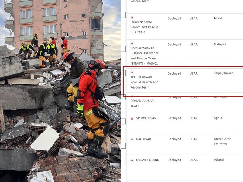 台灣搜救隊前往土耳其協助救災，並被聯合國正式列入官方搜救隊網站。（左圖為消防署提供，右圖取自twitter.com/NFA_TAIWAN）