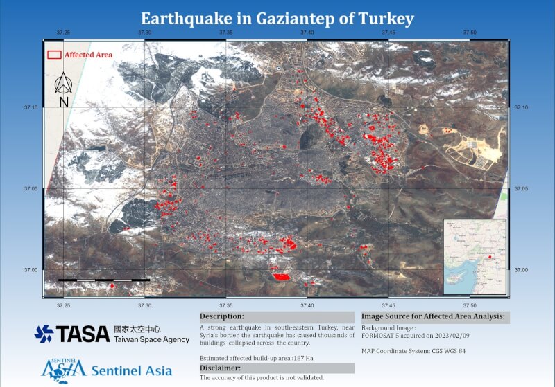 土耳其強震，太空中心以福衛五號取像，判釋受損建物區域。圖中紅色區域為建物受災範圍約187公頃。（圖取自facebook.com/TaiwanSpaceAgency）