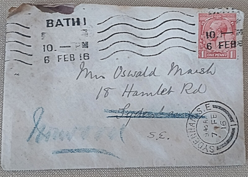 一封1916年就交寄的信件，近日才寄達英國倫敦南部哈姆雷特路的收件地址。（圖取自twitter.com/NorwoodSociety）