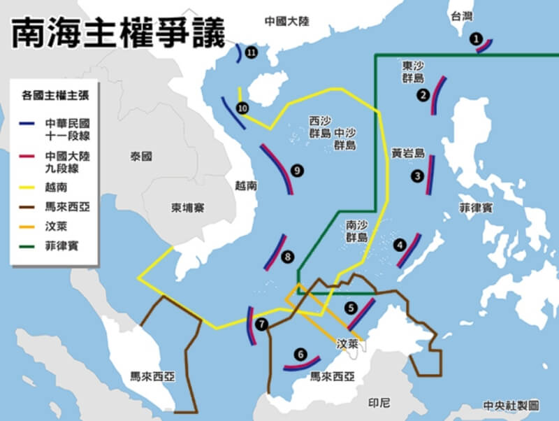 菲律賓與中國在南海的情勢持續緊張。圖為菲律賓、中國、越南、馬來西亞等國在南海主權的主張。（中央社製圖）