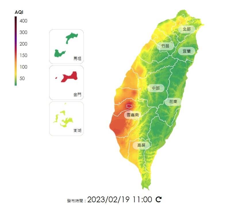 圖為19日上午11時全台空氣品質監測圖。（圖取自環保署空氣品質監測網網頁airtw.epa.gov.tw）