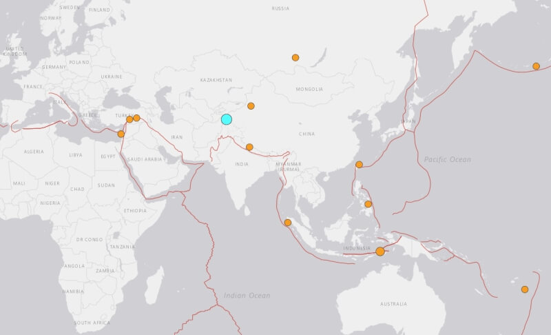 塔吉克共和國東部23日發生規模6.8地震。（圖取自USGS網頁earthquake.usgs.gov）