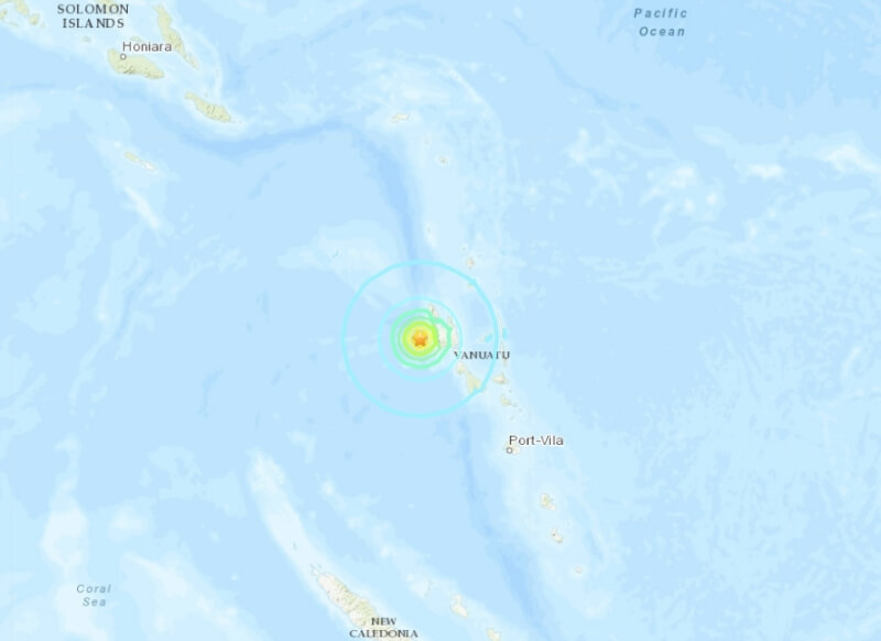 太平洋島國萬那杜近海3日清晨發生規模6.5強震。星號處為震央。（圖取自美國地質調查所網頁earthquake.usgs.gov）