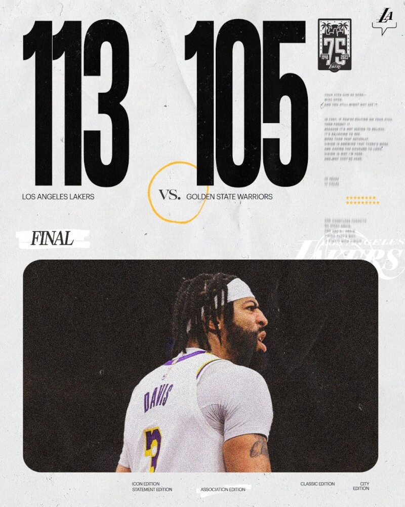 NBA金州勇士5日對戰洛杉磯湖人，湖人最後以113比105分留下勝利。（圖取自twitter.com/Lakers）