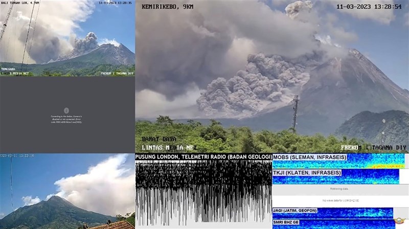 印尼日惹梅拉比火山11日噴發濃煙。（印尼地質災害技術研發中心（BPPTKG）提供）中央社記者李宗憲雅加達傳真 112年3月11日