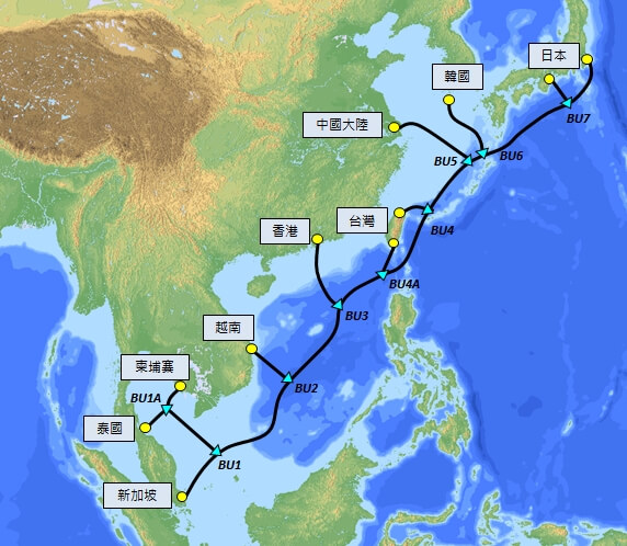 東南亞日本二號海纜總長1萬500公里，連接亞洲區11個登陸站。（圖取自中華電信網頁cht.com.tw）