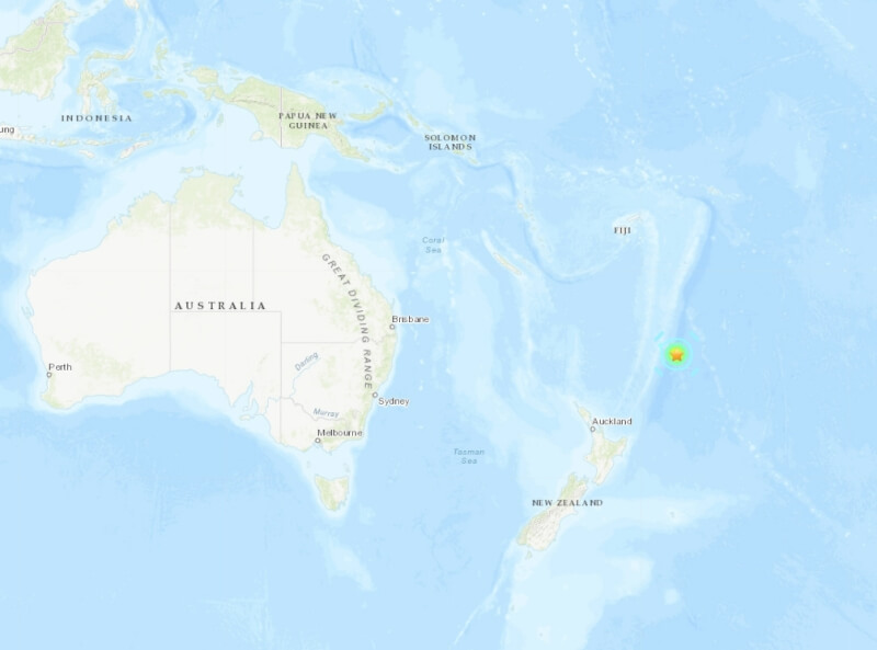 紐西蘭克馬得群島地區16日發生規模7.1地震。星號處為震央。（圖取自美國地質調查所網頁earthquake.usgs.gov）