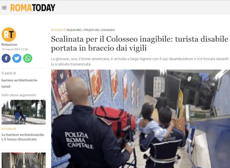義大利媒體15日報導，警員抱著一名行動不便的女遊客，將她送到羅馬競技場入口。（圖取自今日羅馬網頁romatoday.it）