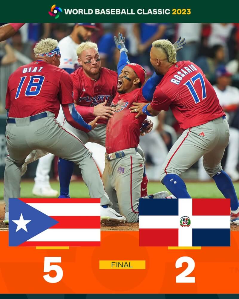 世界棒球經典賽預賽D組壓軸戰，波多黎各在隊長林多場內全壘打帶動下，5比2氣走多明尼加隊，晉級8強。（圖取自twitter.com/WBCBaseball）