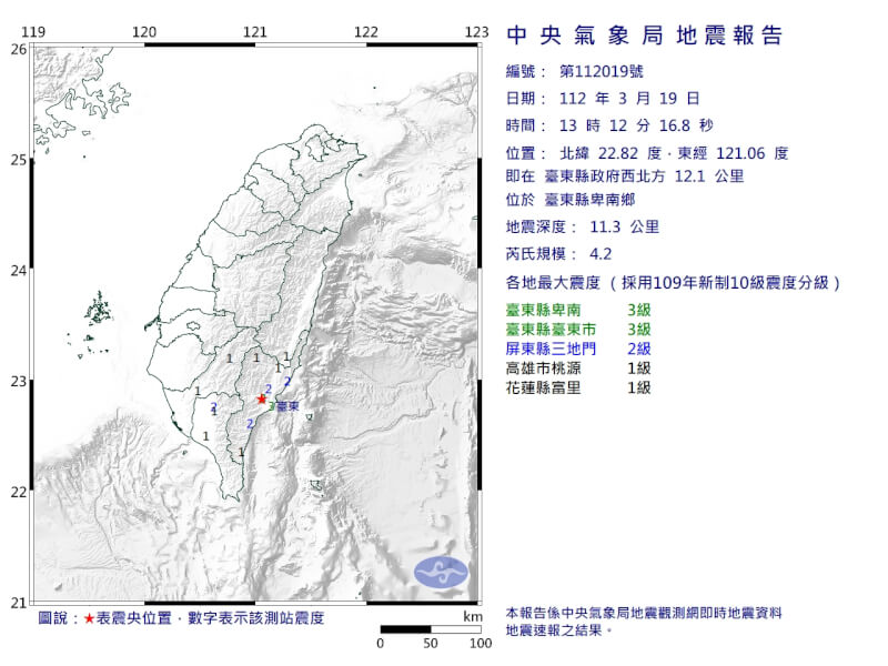 台東卑南19日下午1時12分發生芮氏規模4.2地震。（圖取自中央氣象局網頁cwb.gov.tw）