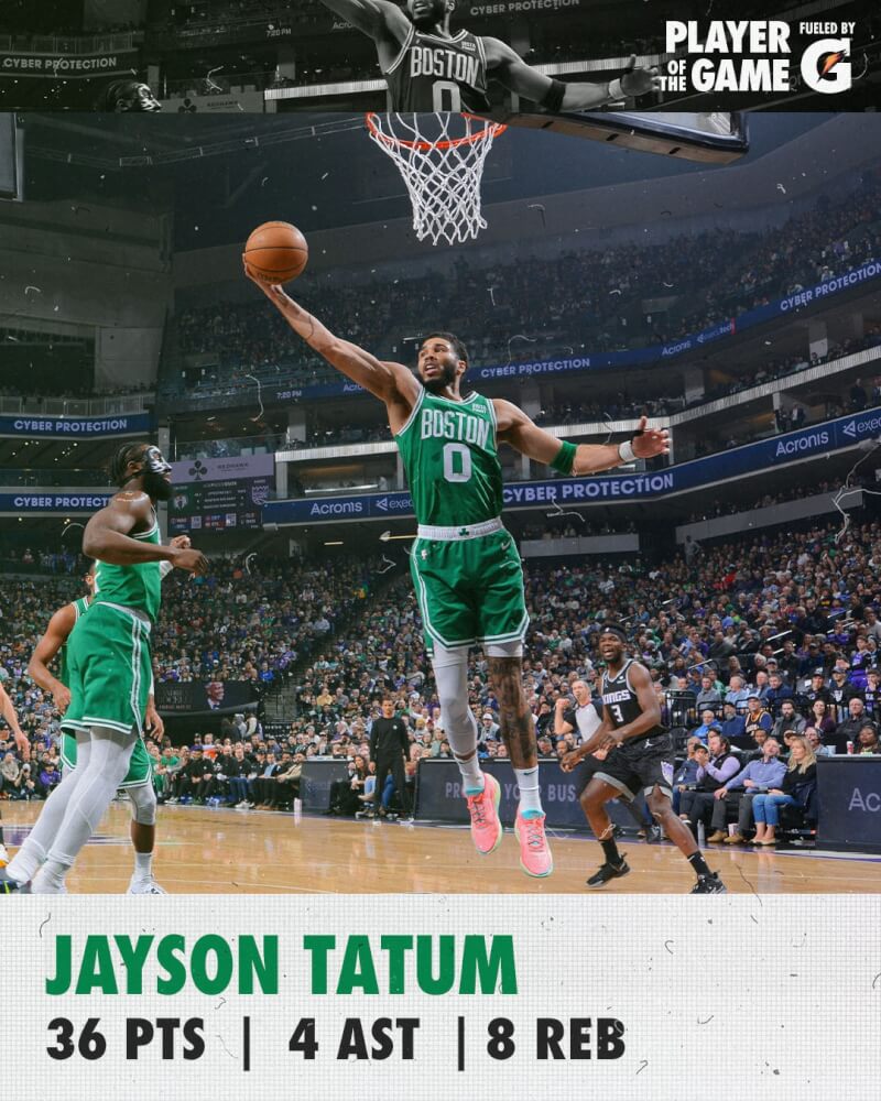 塔特姆（前）22日砍下36分，帶領美國職籃NBA「綠衫軍」波士頓塞爾蒂克以132比109擊敗沙加緬度國王。（圖取自twitter.com/celtics）