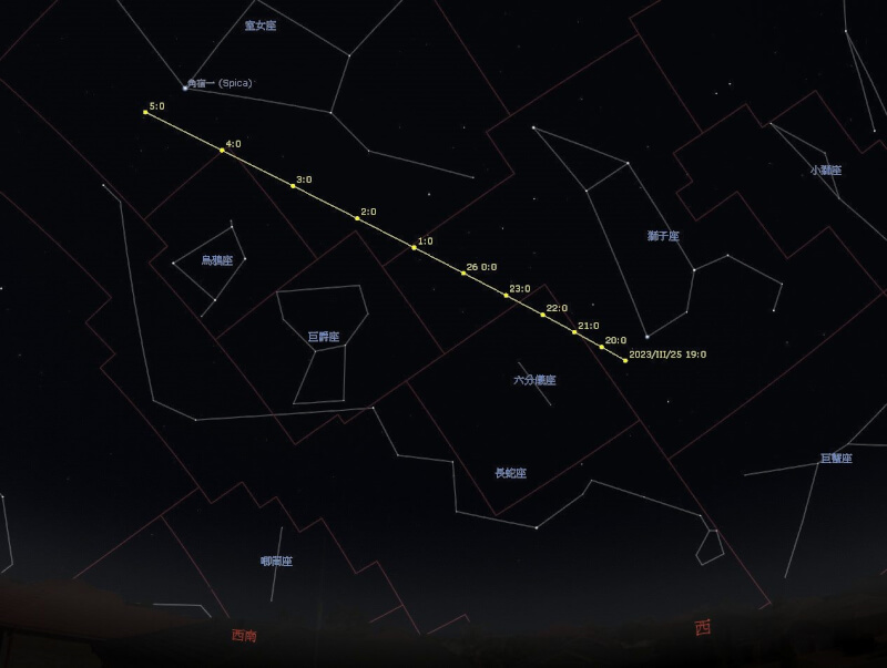 北市天文館表示，一顆名為2023 DZ2的近地小行星將於26日凌晨4時左右掠過地球，當距離最近時，位於室女座與烏鴉座交界處，可看到一個在恆星間緩慢移動的光點。（圖取自台北市立天文科學教育館網頁tam.gov.taipei）
