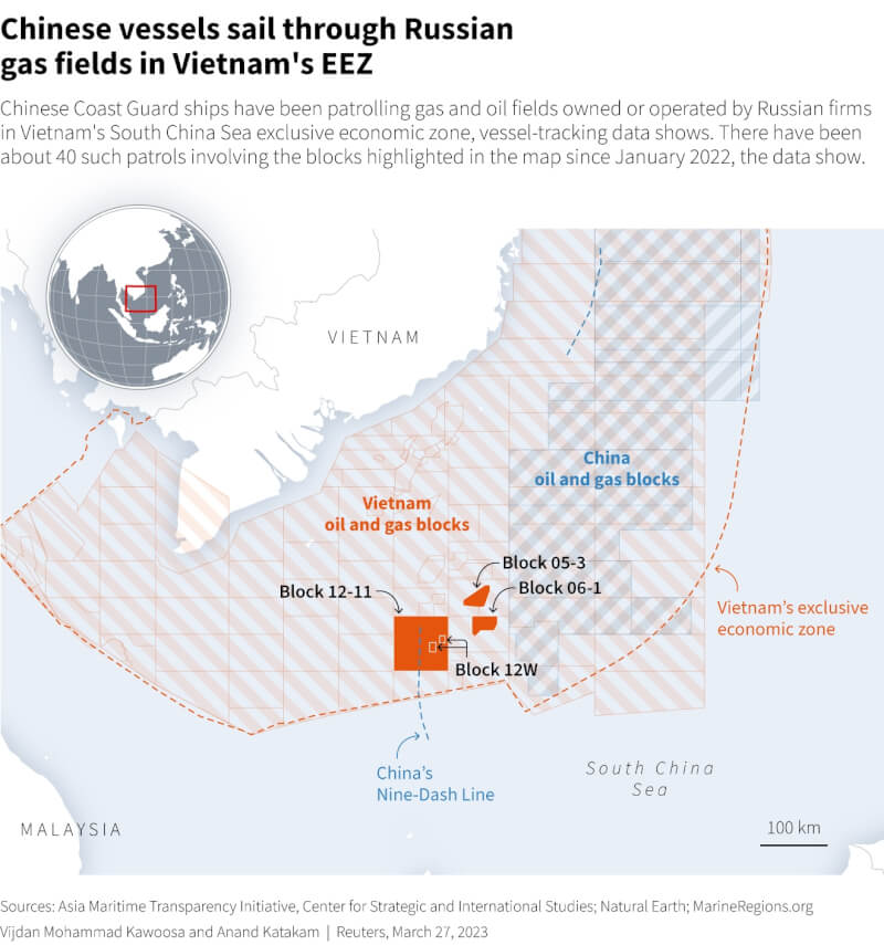 路透社報導，根據越南非營利獨立研究組織「南海紀事倡議」船隻追蹤數據，自2022年1月以來，中國海警船已有約40次直接駛入越南專屬經濟區內由俄國企業經營或擁有的能源勘探區塊。（路透社）