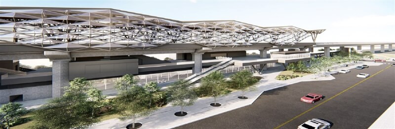 交通部推動嘉義鐵路高架化，其中新建的嘉義車站主體為綠建築，展現阿里山意象。圖為車站完工模擬示意圖。（鐵道局提供）中央社記者汪淑芬傳真 112年3月28日