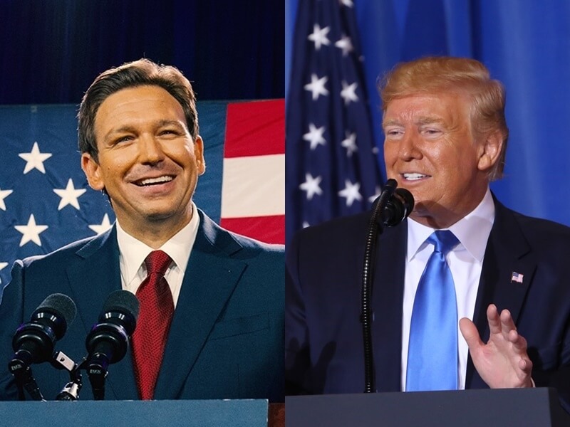 美國共和黨總統候選人提名戰料由前總統川普（右）與佛羅里達州州長迪尚特（左）一較高下。（左圖取自facebook.com/RonDeSantisFlorida、右圖中央社檔案照片）
