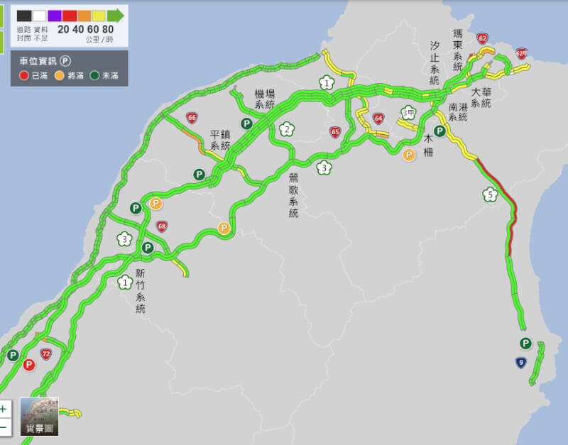 國道五號北上路段3日下午1時壅塞,車速不到40公里。(圖取自高公局網頁1968.freeway.gov.tw)