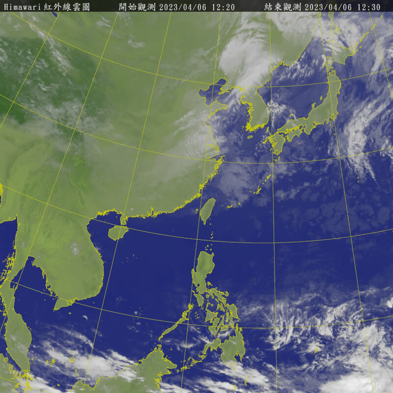 中央氣象局表示，目前位於菲律賓東方海面的熱帶系統尚無完整結構，是否能進一步增強為颱風，要等週末再觀察。圖為6日下午12時30分衛星雲圖。（圖取自氣象局網頁cwb.gov.tw）