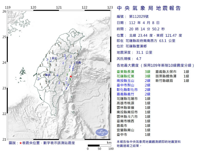 8日20時14分花蓮縣豐濱鄉發生芮氏規模4.7地震。（圖取自中央氣象局網頁cwb.gov.tw）