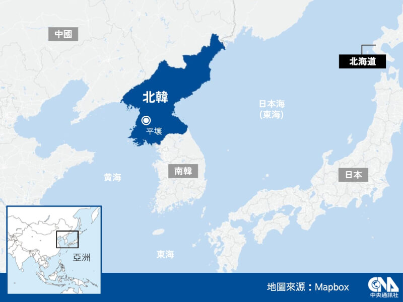 南韓合同參謀本部13日指北韓朝東海發射飛彈。（中央社製圖）