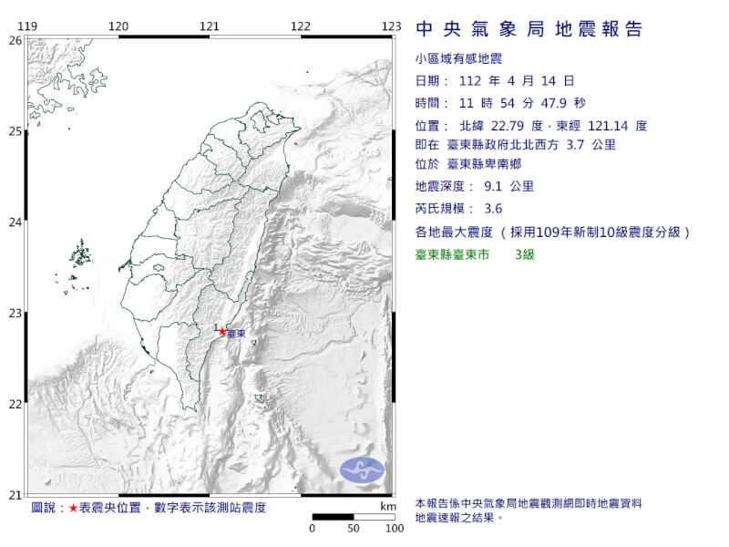 台東縣11時54分接連發生2次地震，第2次芮氏規模3.6地震，震央位於台東縣卑南鄉。（圖取自中央氣象局網頁cwb.gov.tw）