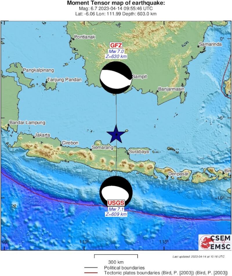 印尼爪哇島北方海域14日下午發生規模7.0強震，當局已經排除海嘯發生的可能性。（圖取自twitter.com/LastQuake）