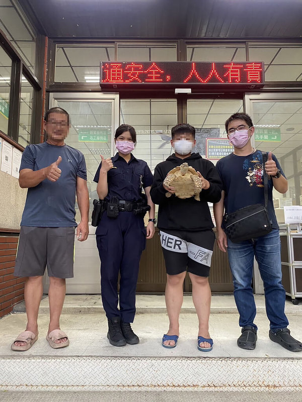 高雄一名女子所飼養的蘇卡達象龜日前外出散步不慎走丟，經報警協尋，發現象龜是被好心民眾撿回家照料，拾獲者也在收到消息後協助送還。（讀者提供）中央社記者林巧璉傳真  112年4月16日