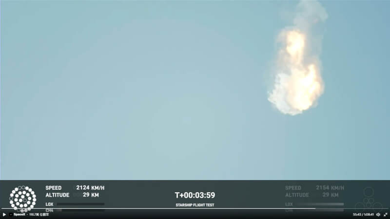 美國太空探索科技公司（SpaceX）打造的最強大火箭「星艦」今天首次試射時在空中爆炸。（圖取自twitter.com/SpaceX）