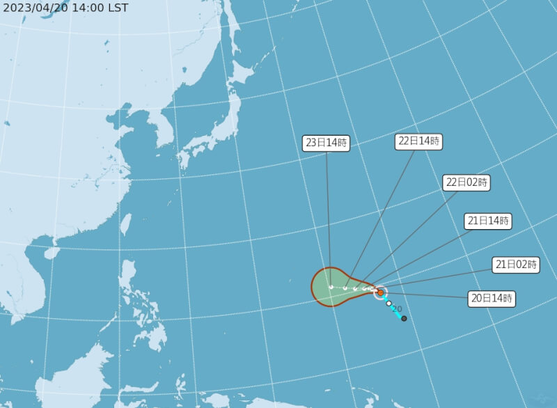颱風珊瑚20日下午生成，預測未來朝北北西轉西北移動。（圖取自中央氣象局網頁cwb.gov.tw）