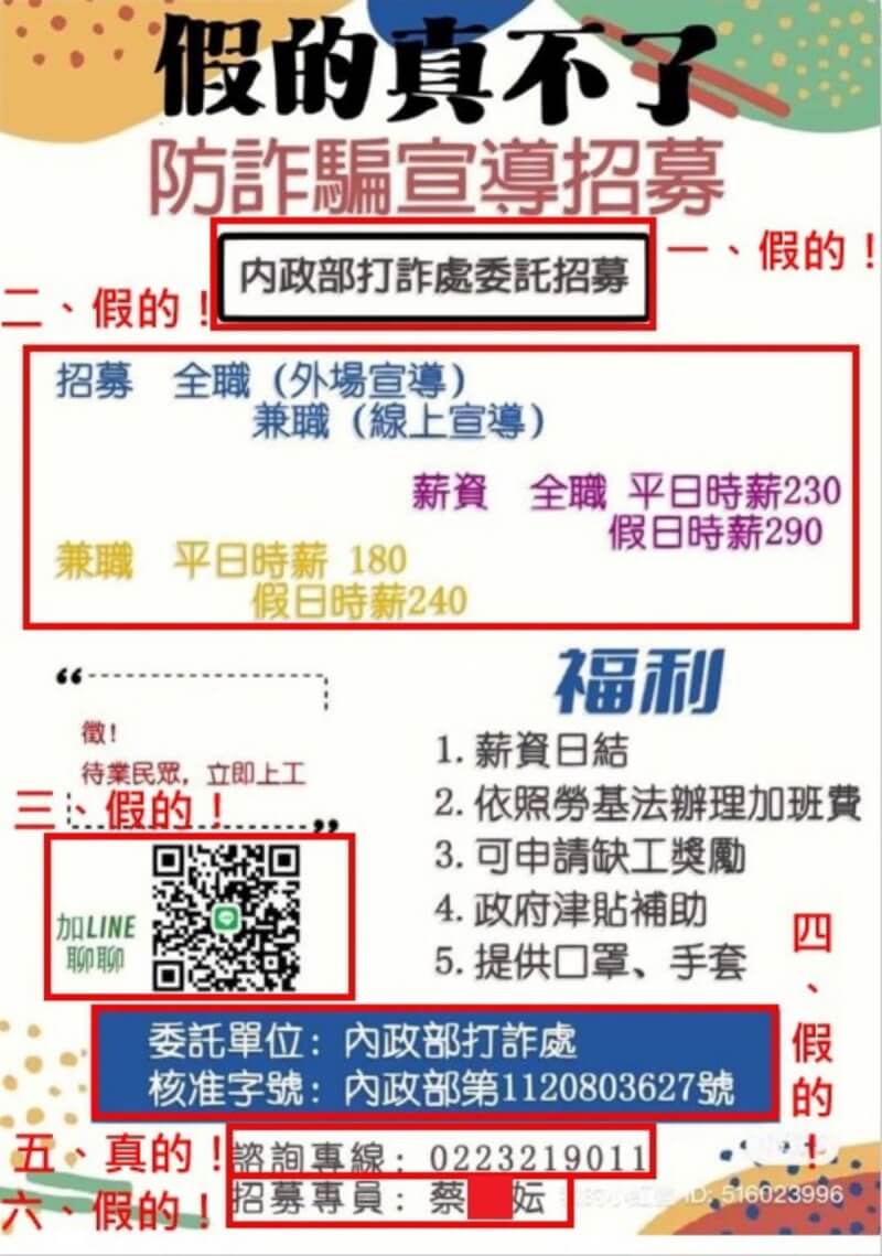 刑事局21日表示，近期通訊軟體LINE群組傳出有防詐騙宣導招募人員廣告，內容提到是「內政部打詐處」委託招募全職及兼職員工，這是假訊息，民眾勿轉傳、勿輕易應徵受騙。（刑事局提供）中央社記者劉建邦傳真 112年4月21日