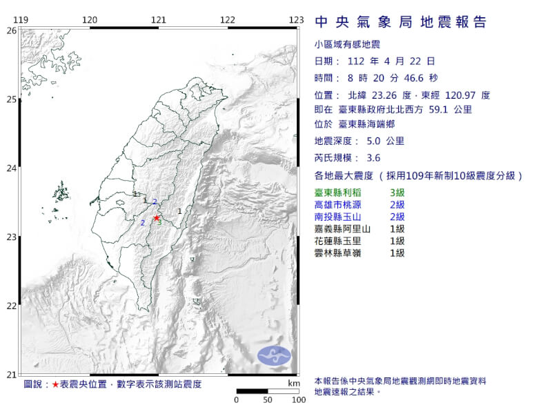 台東縣海端鄉22日8時20分發生芮氏規模3.6地震。（圖取自中央氣象局網頁cwb.gov.tw）