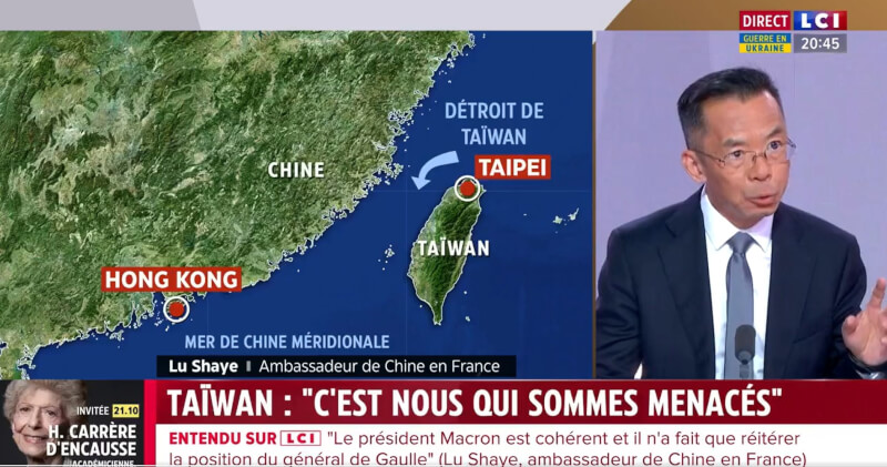 中國駐法大使盧沙野21日接受專訪表示「由中國人決定台灣命運」，還因主持人提問而崩潰失控。（圖取自twitter.com/LCI）
