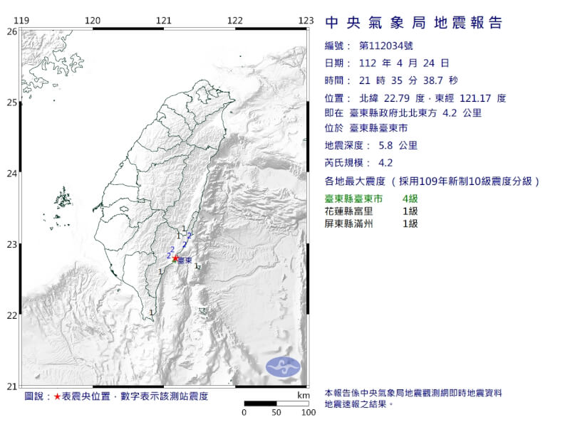 24日晚間9時35分發生芮氏規模4.2地震，地震深度5.8公里，震央位於台東縣政府北北東方4.2公里。（圖取自中央氣象局網頁cwb.gov.tw）