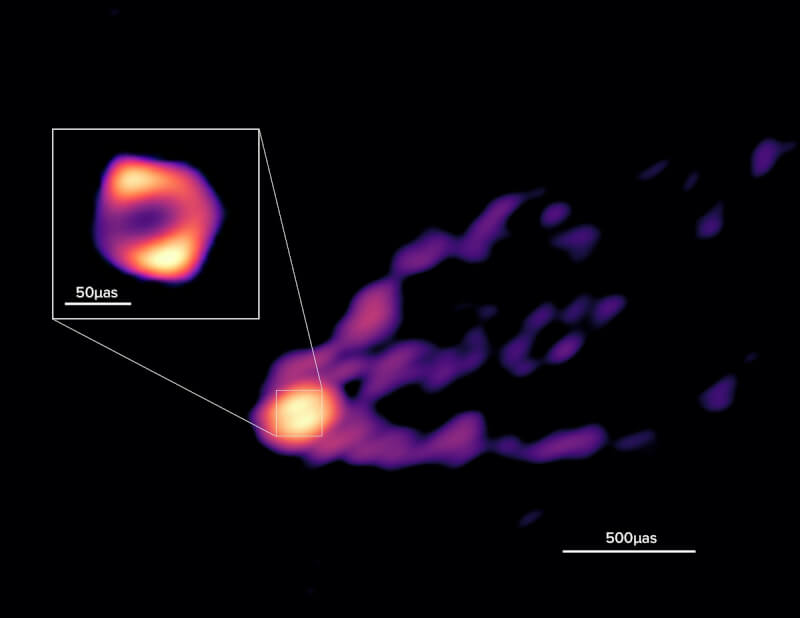 圖為M87噴流和黑洞陰影在毫米波段的VLBI影像，由加入了ALMA和格陵蘭望遠鏡的GMVA取得。（中研院天文所提供）中央社記者曾以寧傳真 112年4月27日