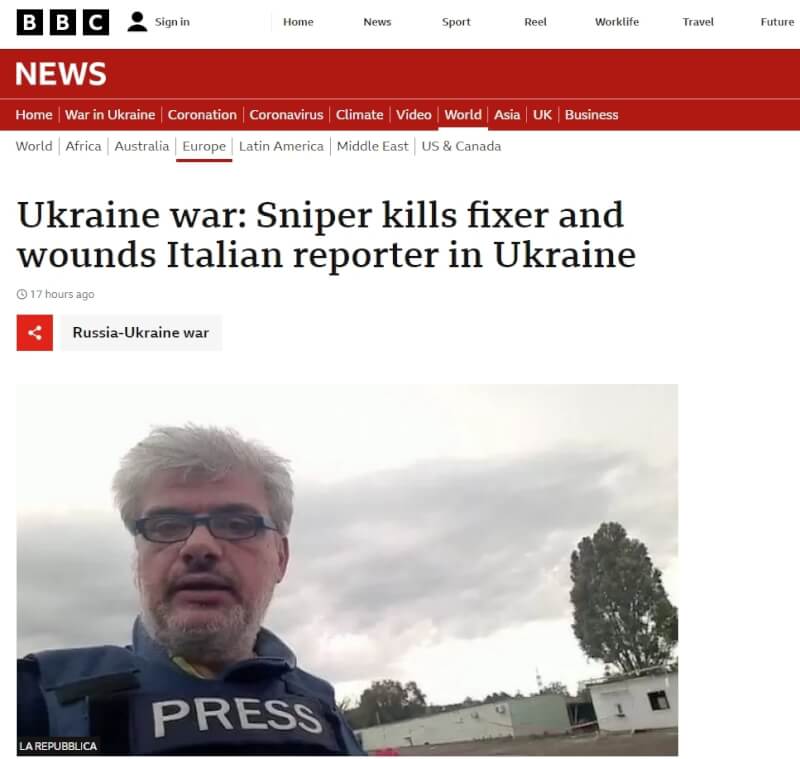 義大利共和報記者祖尼克（圖）和他的助手比提克在烏克蘭前線遭俄羅斯狙擊手突襲，造成1死1傷。（圖取自BBC網頁bbc.com）