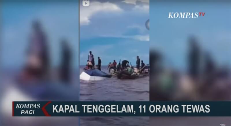 印尼廖內群島一艘快艇27日發生翻覆事故，造成11人死亡。（翻攝Kompas TV）中央社記者李宗憲雅加達傳真 112年4月28日