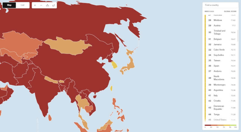 無國界記者組織發布2023年世界新聞自由指數，台灣排名從去年的第38升至第35；中國名次暴跌排名倒數第2，僅優於北韓，是史上最差。（圖取自無國界記者組織網頁rsf.org）