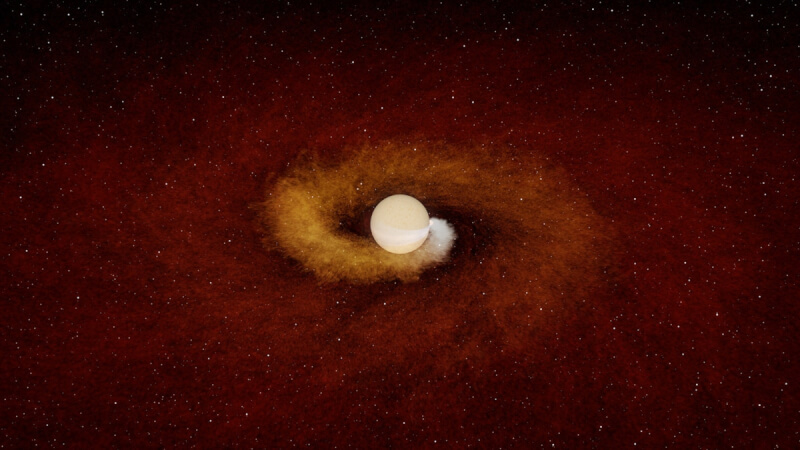 科學家首次觀察到垂死恆星如何吞噬一顆行星。圖為行星「掉入」膨脹恆星過程的模擬動畫圖。（圖取自caltech.edu網頁）