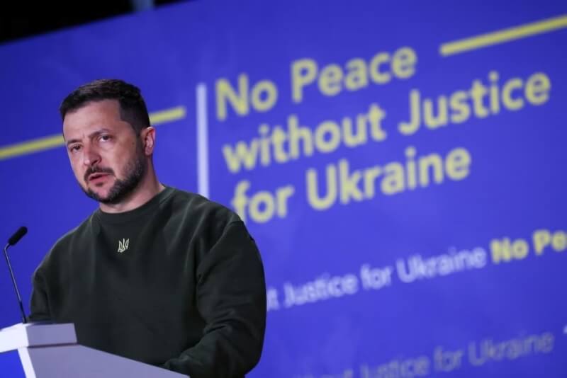 澤倫斯基4日造訪荷蘭海牙，發表題為「烏克蘭沒有正義就沒有和平」的演說。（路透社）