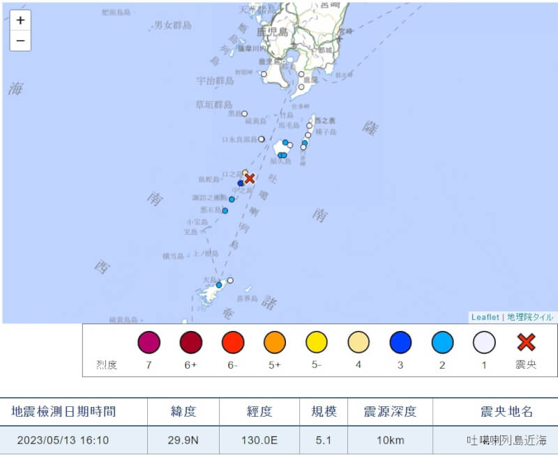 日本時間31日下午4時10分左右發生推估規模5.1地震。（圖取自日本氣象廳網頁data.jma.go.jp）