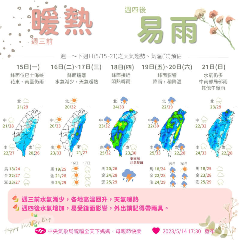 ▼18日起降雨機率提高。（圖／翻攝自報天氣-中央氣象局 臉書）