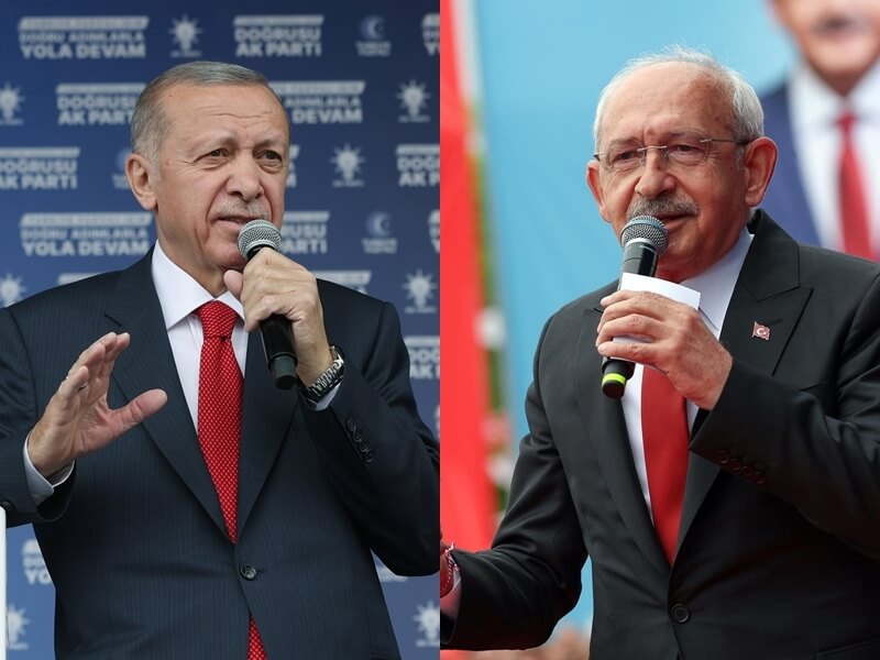 土耳其14日舉行大選，根據國營媒體數據，競選連任的總統艾爾段（左）與對手基里達歐魯（右）得票率都未過半，將進入第二輪分勝負。（左圖取自facebook.com/RTErdogan，右圖取自facebook.com/K.Kilicdaroglu）