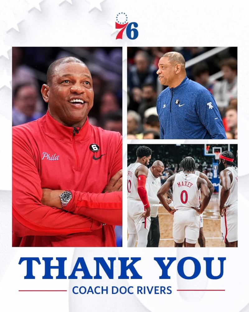 NBA費城76人主帥瑞佛斯遭開除，球團臉書發文向他致謝。（圖取自facebook.com/Sixers）