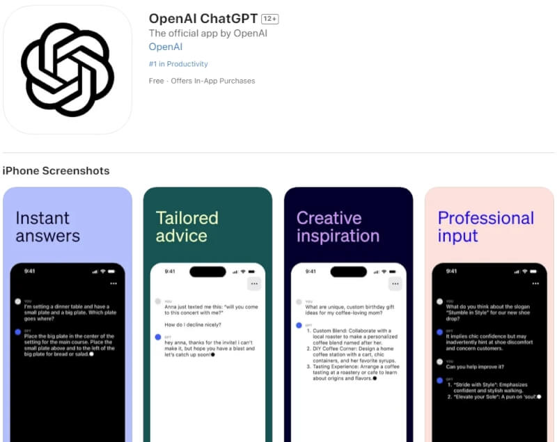 ChatGPT研發公司OpenAI今天表示，將為iOS平台推出ChatGPT應用程式，提供免費下載使用。（圖取自蘋果網頁apps.apple.com）