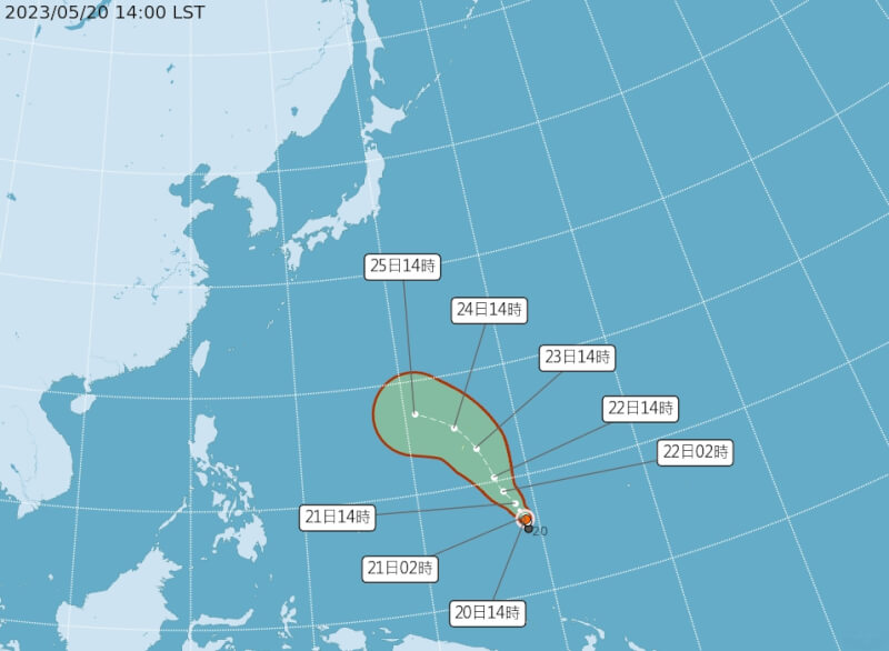 中央氣象局20日表示，位於關島南方海面的熱帶性低氣壓增強為今年第2號颱風瑪娃（圖取自中央氣象局網頁cwb.gov.tw）