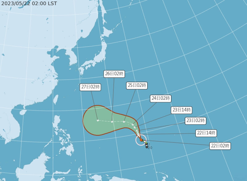 氣象專家吳德榮22日指出，颱風瑪娃已轉中颱，對台灣的影響仍有變數。（圖取自中央氣象局網頁cwb.gov.tw）