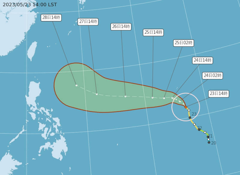 氣象局表示，颱風瑪娃最快入夜後到24日清晨會增強為強烈颱風，未來朝西北西前進，預計28日後會北轉，屆時北轉角度將是影響台灣程度的關鍵。（圖取自中央氣象局網頁cwb.gov.tw）