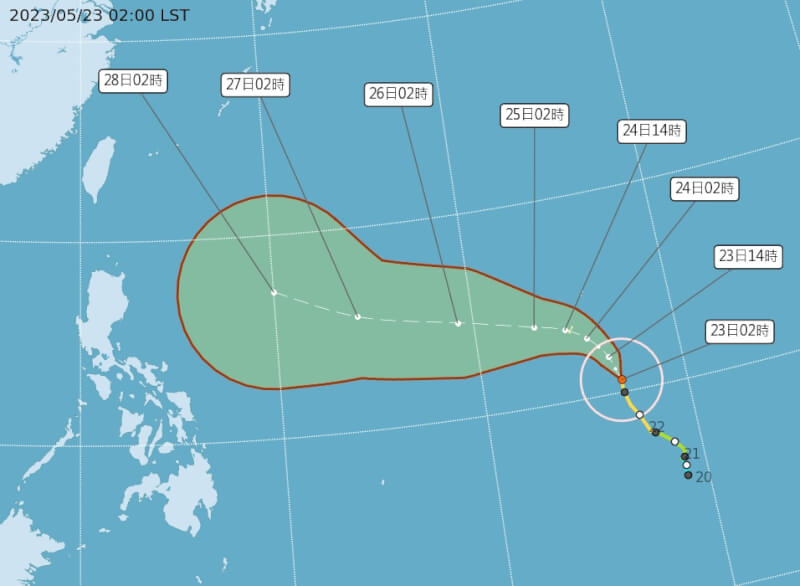 中央氣象局23日最新觀測，中度颱風瑪娃持續增強。（圖取自中央氣象局網頁cwb.gov.tw）